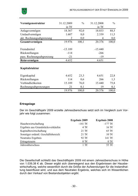 Beteiligungsbericht 2009 - Stadt Ennigerloh