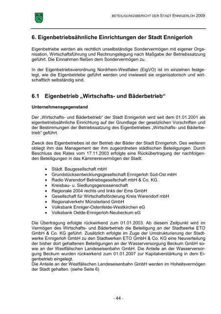 Beteiligungsbericht 2009 - Stadt Ennigerloh