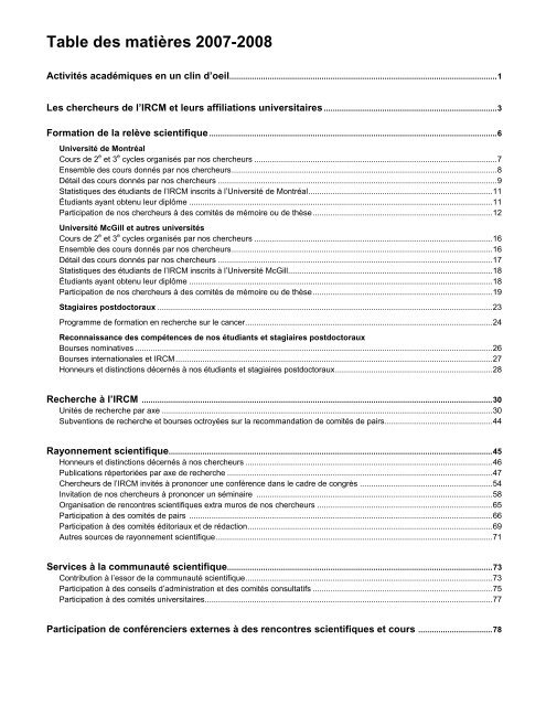 Table des matiÃ¨res 2007-2008 - IRCM