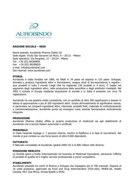 AUROBINDO PHARMA ITALIA S.r.l. - Assogenerici