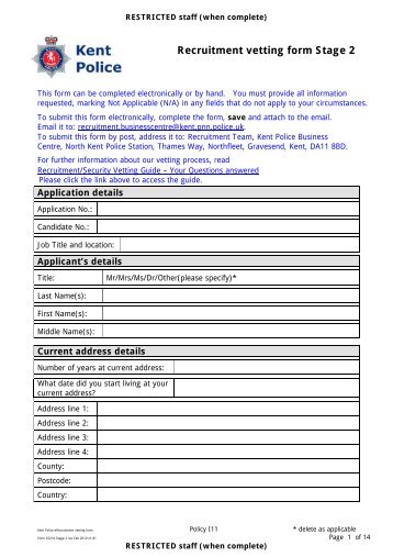 Recruitment vetting form Stage 2 - Kent Police