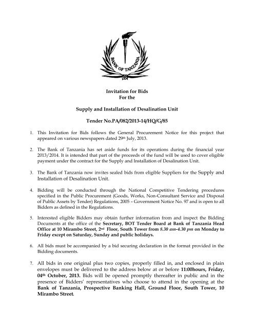 Invitation For Bids For Thesupply And Installation Bank Of
