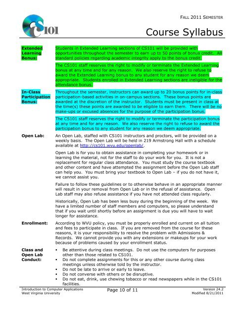 Course Syllabus - Computer Science 101 - West Virginia University