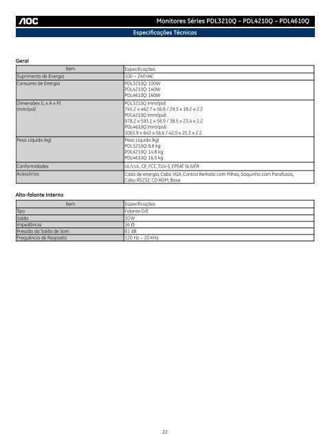 PDL4210Q Ã¢Â€Â“ PDL4610Q Manual do UsuÃƒÂ¡rio - AOC