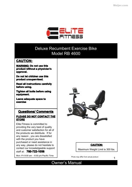 Deluxe Recumbent Exercise Bike Model RB 4600 Owner s Meijer