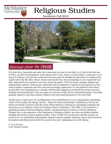 Fall 2010 - Department of Religious Studies - McMaster University