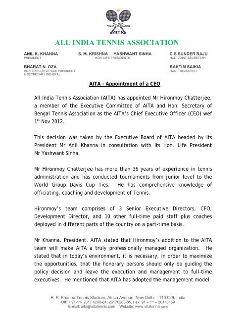 Press Release AITA - Appointment of a CEO - India Tennis Association