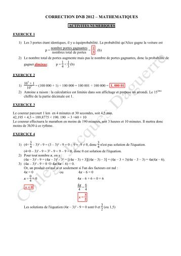 CORRECTION DNB 2012 â MATHEMATIQUES