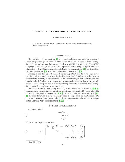 Dantzig-Wolfe Decomposition with GAMS - Amsterdam Optimization ...