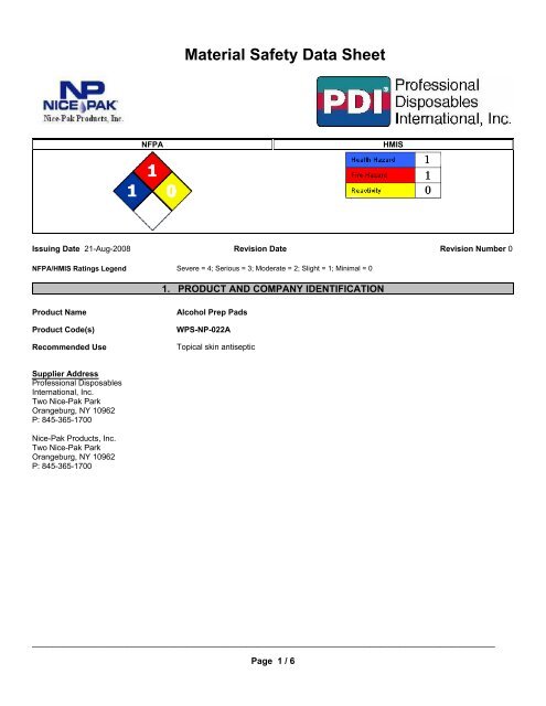 Alcohol Swabstick /Prep Pad MSDS Sheets - Mountainside Medical ...