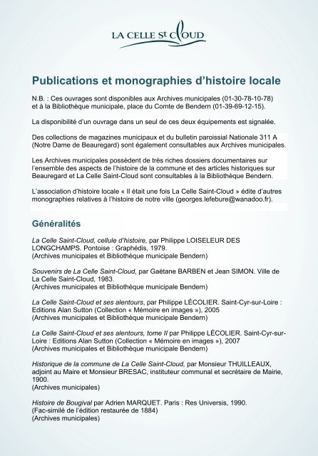 Publications et monographies d'histoire locale - bibliotheque ...