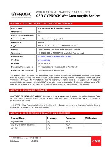 CSR Gyprock™ Wet Area Acrylic Sealant MSDS