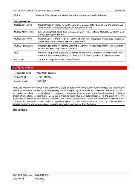 CSR Gyprock™ Wet Area Acrylic Sealant MSDS