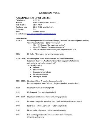 curriculum vitae personalia; evy-anni evensen - Lyngdal kommune