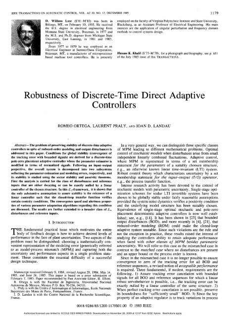 Robustness of Discrete-Time Direct Adaptive Controllers - Centre ...