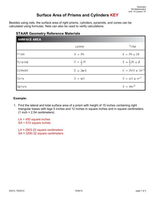 Surface Area of Prisms and Cylinders Key