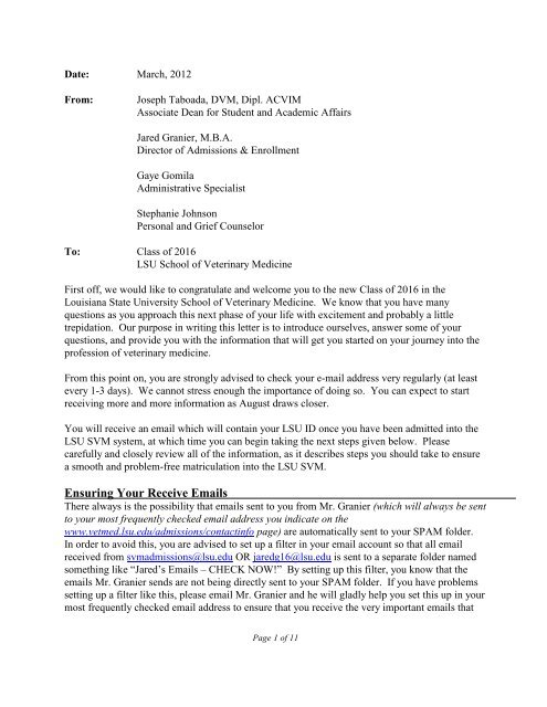 Welcoming Letter - School of Veterinary Medicine - Louisiana State ...