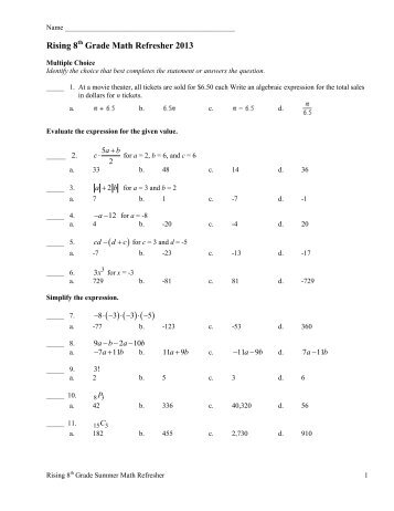 eighth grade summer math packet. - Key School