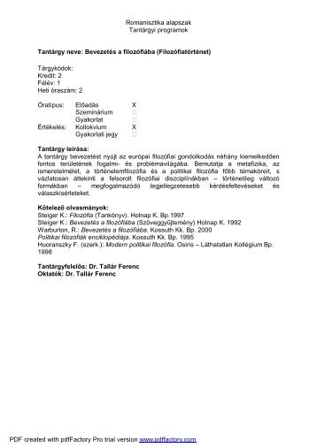 Romanisztika alapszak TantÃ¡rgyi programok TantÃ¡rgy ... - NymE - SEK