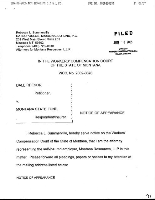 Notice Of Appearance (Montana Resources, LLP) - Workers ...