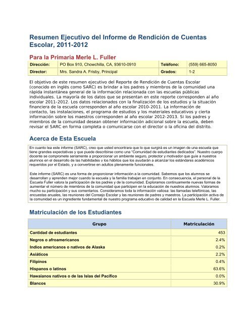 Resumen Ejecutivo del Informe de Rendición de Cuentas Escolar ...