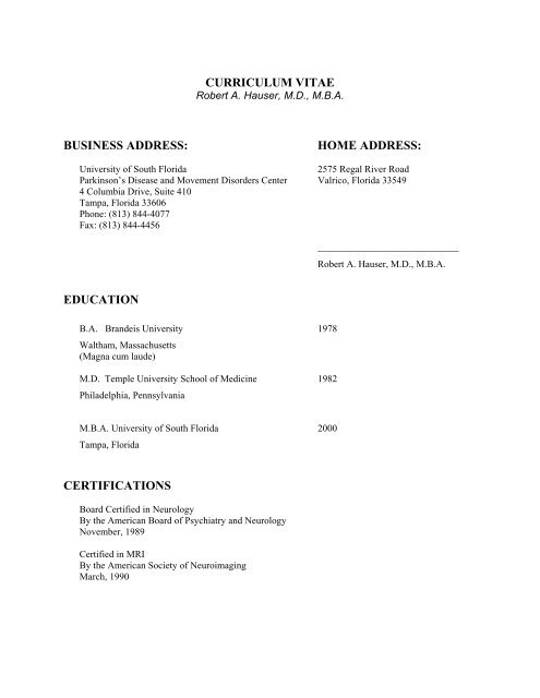 curriculum vitae - University of South Florida