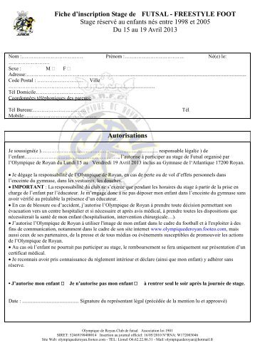 Fiche d'inscription Stage de FUTSAL - FREESTYLE FOOT Stage ...