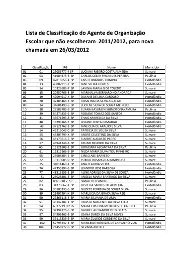 Lista de Classificação do Agente de Organização Escolar ... - Sumaré