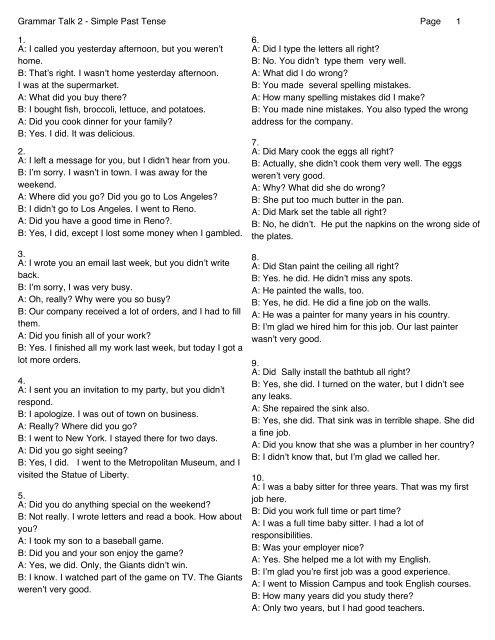 Grammartalk 2 Past Simple Tense Fog Ccsf Edu