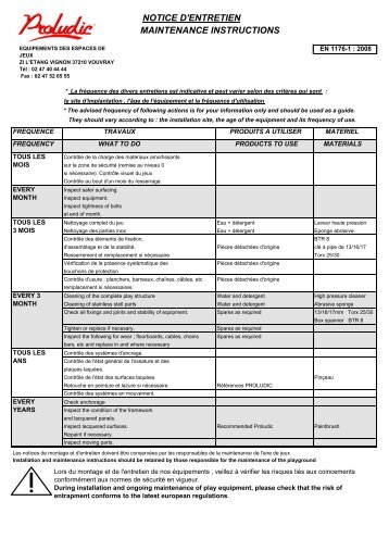 NOTICE D'ENTRETIEN MAINTENANCE INSTRUCTIONS - Proludic