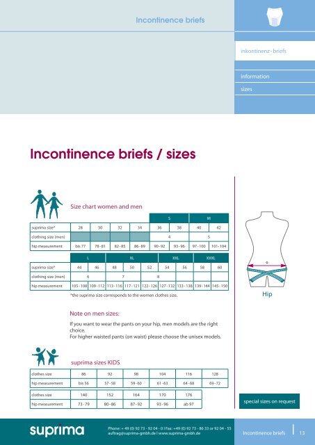 Incontinence briefs / sizes - Suprima GmbH