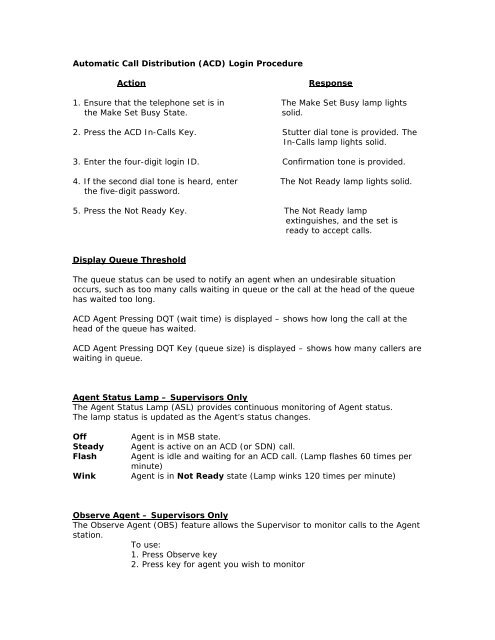 Automatic Call Distribution (ACD) Login Procedure