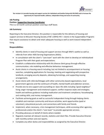 Job Posting Position: Supportive Housing Coordinator This is a 10 ...