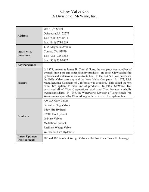Clow Valve Co Val Matic Valve And Manufacturing Corp