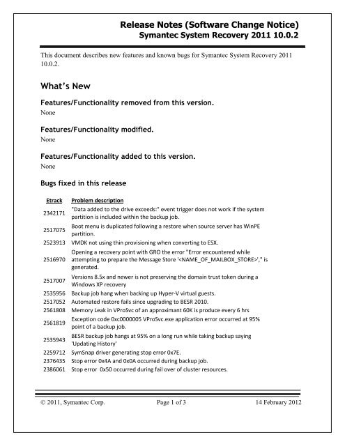 Release Notes (Software Change Notice) What's New - Symantec