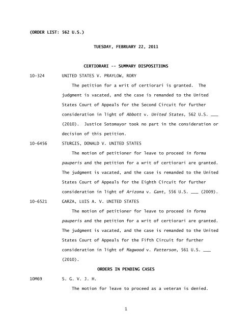 Order List (02/22/11) - Supreme Court of the United States