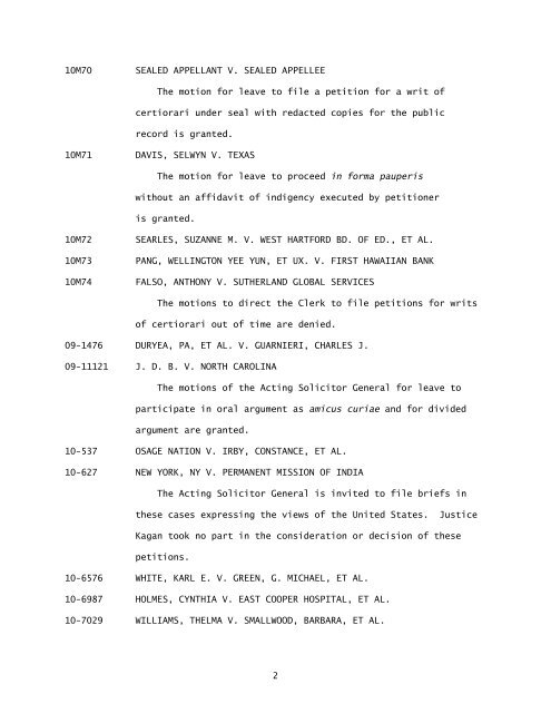 Order List (02/22/11) - Supreme Court of the United States