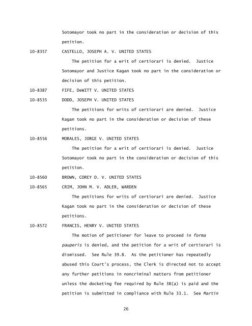 Order List (02/22/11) - Supreme Court of the United States