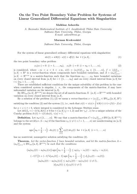 On the Two Point Boundary Value Problem for Systems of Linear ...
