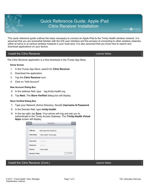 Apple iPad Citrix Receiver Installation - Trinity Health