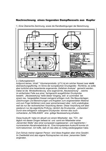 Nachrechnung eines liegenden Dampfkessels aus Kupfer