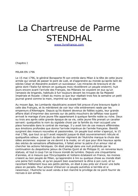 La Chartreuse de Parme STENDHAL - livrefrance.com