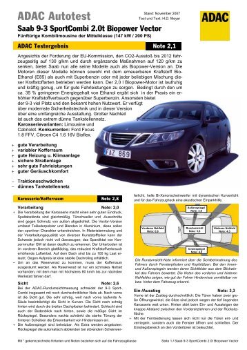 Umfassender Test Saab 9-3 SportCombi 2.0t Biopower Vector - ADAC