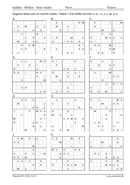 Sudoku - Mellem - SmÃ¥ vokaler Navn: Klasse - GratisSkole.dk