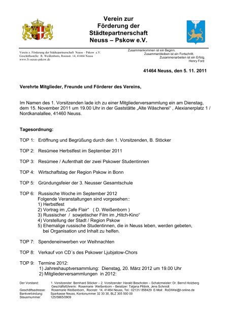 Verein zur FÃ¶rderung der StÃ¤dtepartnerschaft Neuss â Pskow e.V.