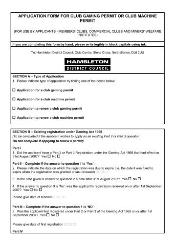 application form for club gaming permit or club machine permit