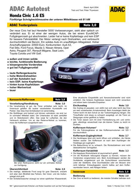 Umfassender Test Honda Civic 1 6i Es Adac