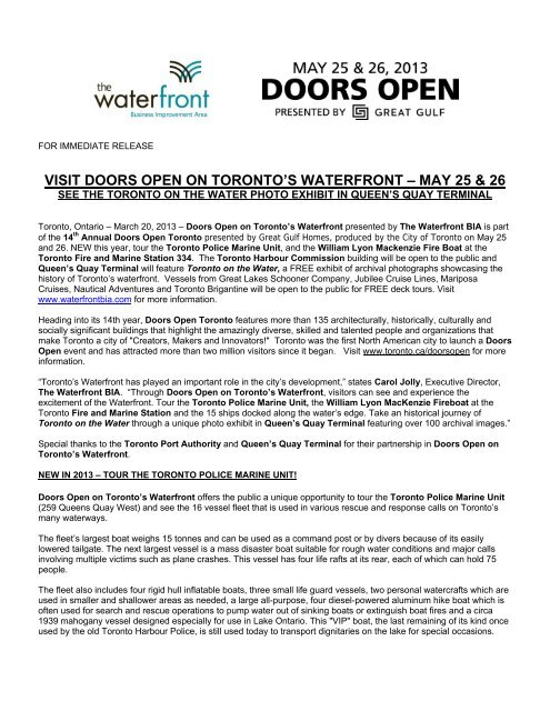 Doors Open Toronto Press Release - Waterfront BIA