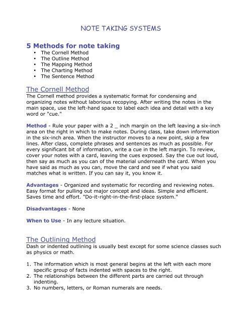 NOTE TAKING SYSTEMS 5 Methods for note taking The Cornell ...