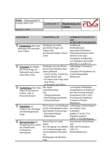 Ethik – Klassenstufe 9 Lernbereich 3: Sinndeutung des Lebens